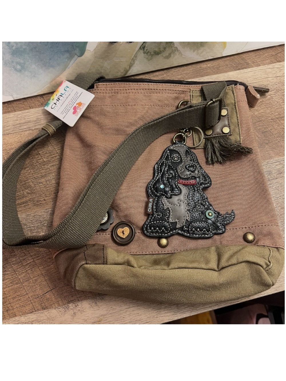 Chala Brown Canvas Crossbody Bag with Dog Charm